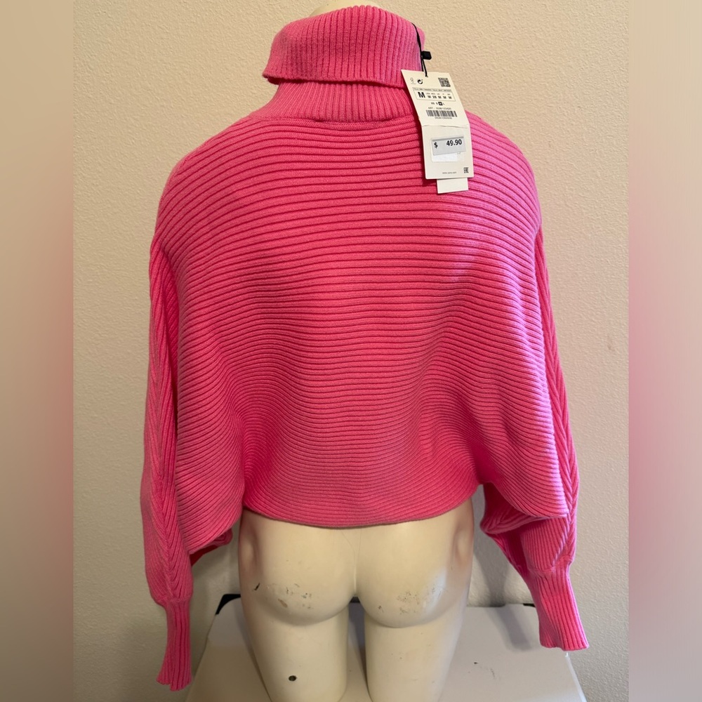 Zara Rich Ribbbes Thick Dolman Oversized HTF Neon Pink Turtleneck Sweater M L - Picture 6 of 7